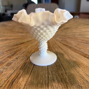 Vintage Fenton Hobnail Milk Glass Ruffled Pedestal Compote Candy Dish